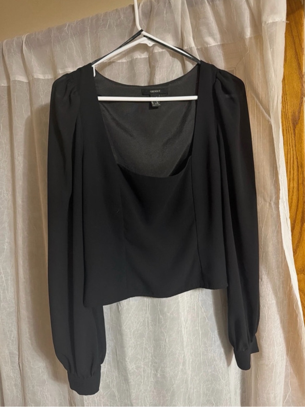 Forever 21 Black Square-Neck Puff Sleeve Blouse